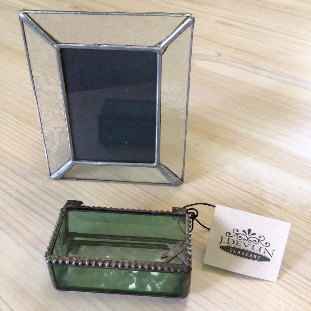 J Devlin Glass Art Trinket Box Dragonfly and Picture Frame Small